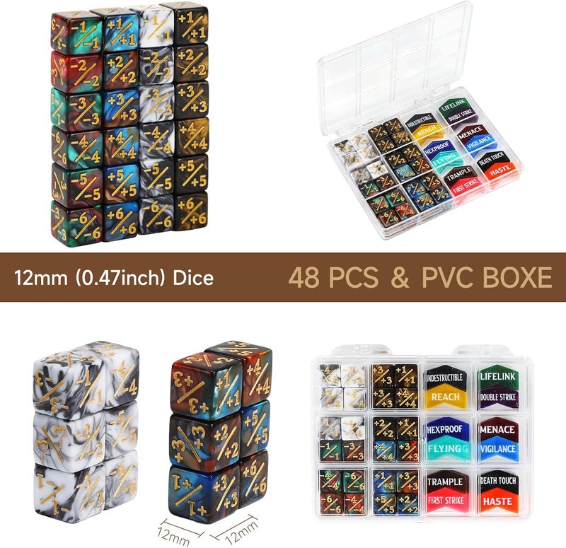 FIGURESLAB Store 48PCS 12mm MTG Dice Counters & Tokens for Magic The Gatering, MTG Abilities Keyword Buff Tokens Plus 1 Life Counters Loyalty Dice, Compatible with TCG CCG Magic Card Gaming Accessories - Image 4